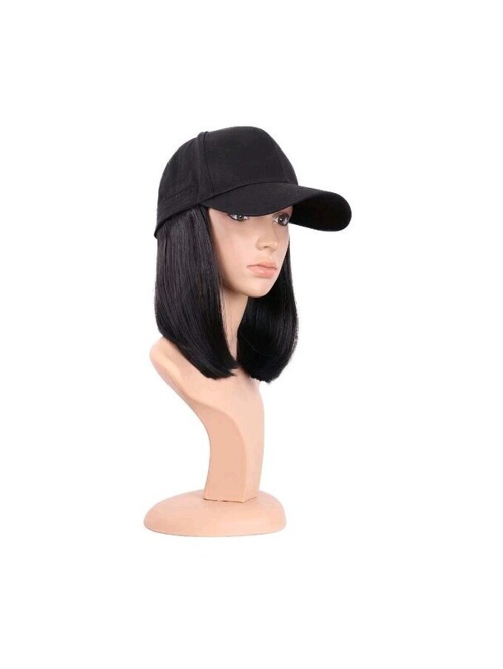 Short Bob Wig Hat Black Hair Black Cap